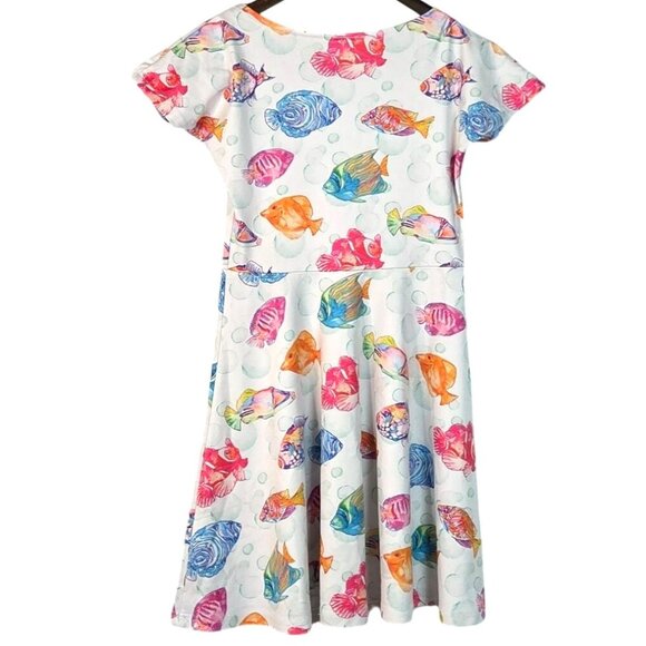 COW COW Girl's White Ocean Fish Beach Print Short Sleeve Skater Dress Size Small - Picture 3 of 6